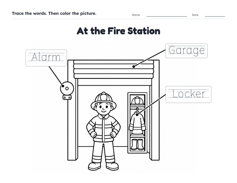 At the Fire Station worksheet (Easy, Pre-K–K)