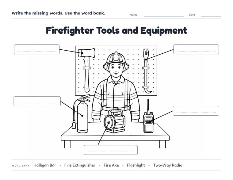 Firefighter Tools and Equipment worksheet (Medium, Grades 1–2)