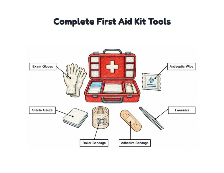 Complete First Aid Kit Tools worksheet (Hard, Grades 3–4)