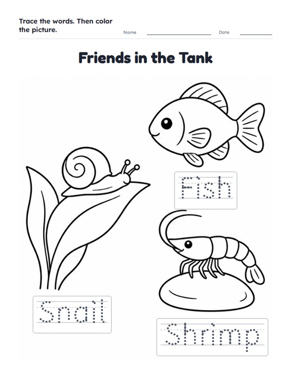 Friends in the Tank worksheet (Easy, Pre-K–K)