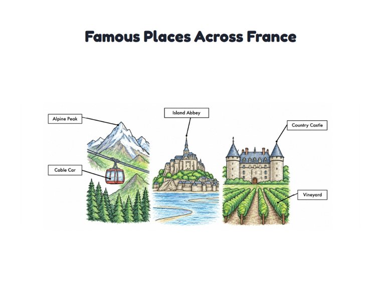 Famous Places Across France worksheet (Medium, Grades 1–2)