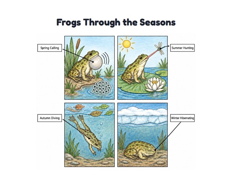 Frogs Through the Seasons worksheet (Hard, Grades 3–4)