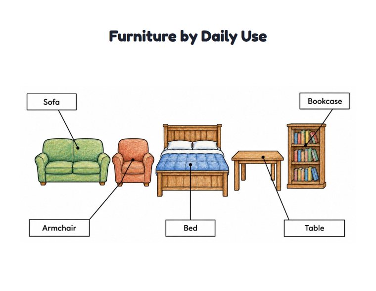 Furniture by Daily Use worksheet (Medium, Grades 1–2)