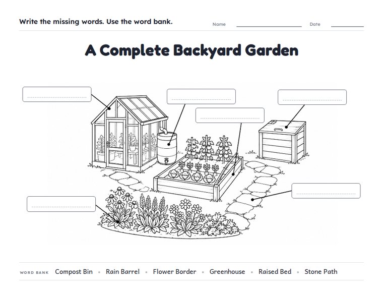 A Complete Backyard Garden worksheet (Hard, Grades 3–4)