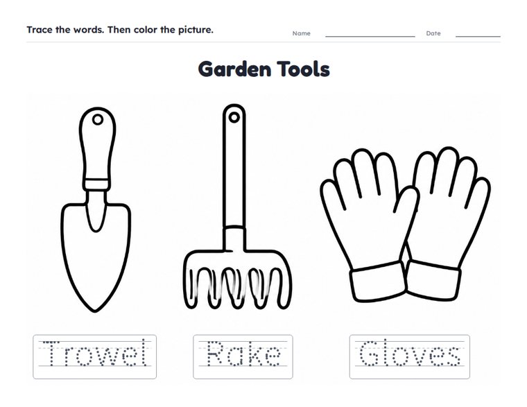 Garden Tools worksheet (Easy, Pre-K–K)