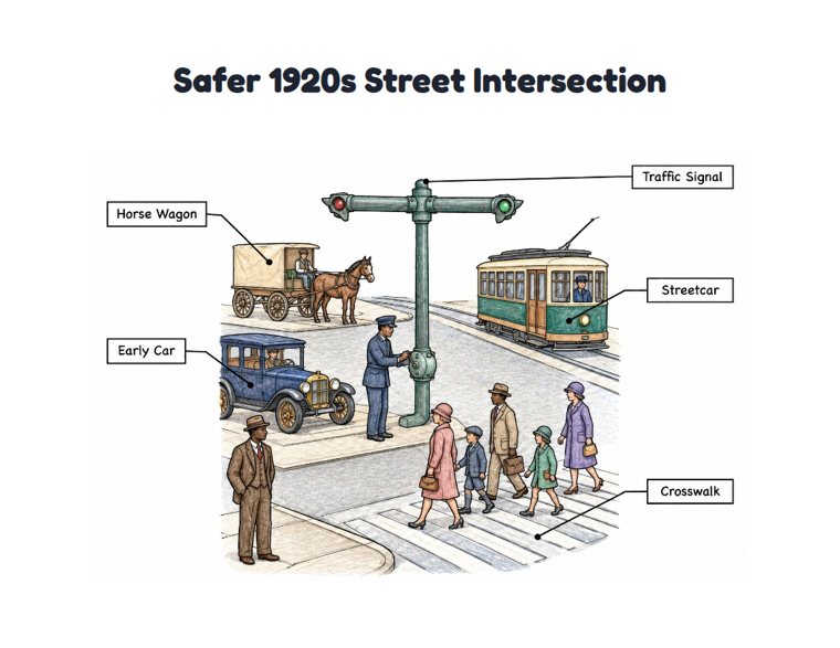 Safer 1920s Street Intersection worksheet (Hard, Grades 3–4)