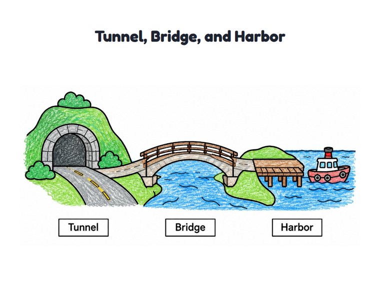 Tunnel, Bridge, and Harbor worksheet (Easy, Pre-K–K)