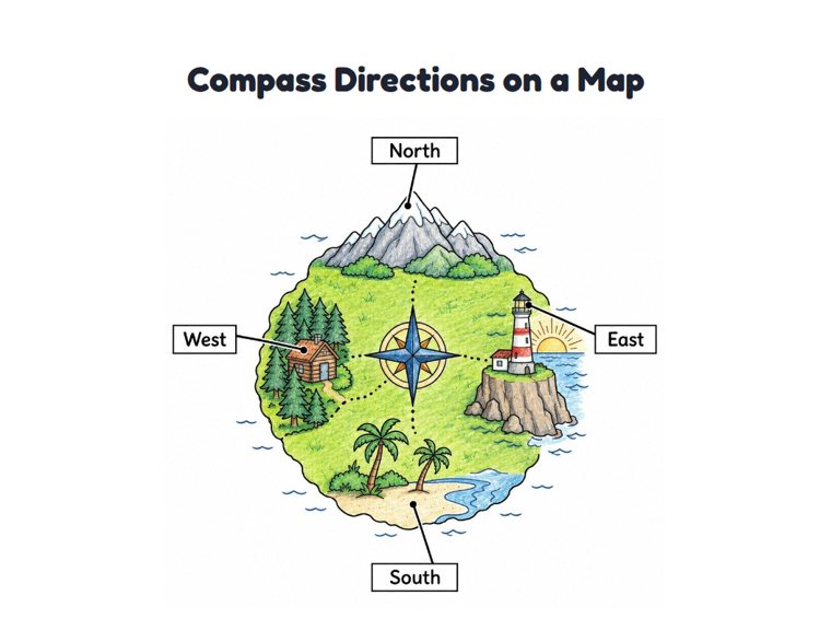 Compass Directions on a Map worksheet (Medium, Grades 1–2)