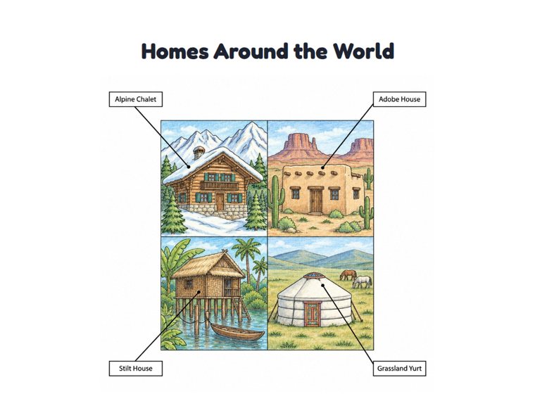 Homes Around the World worksheet (Hard, Grades 3–4)