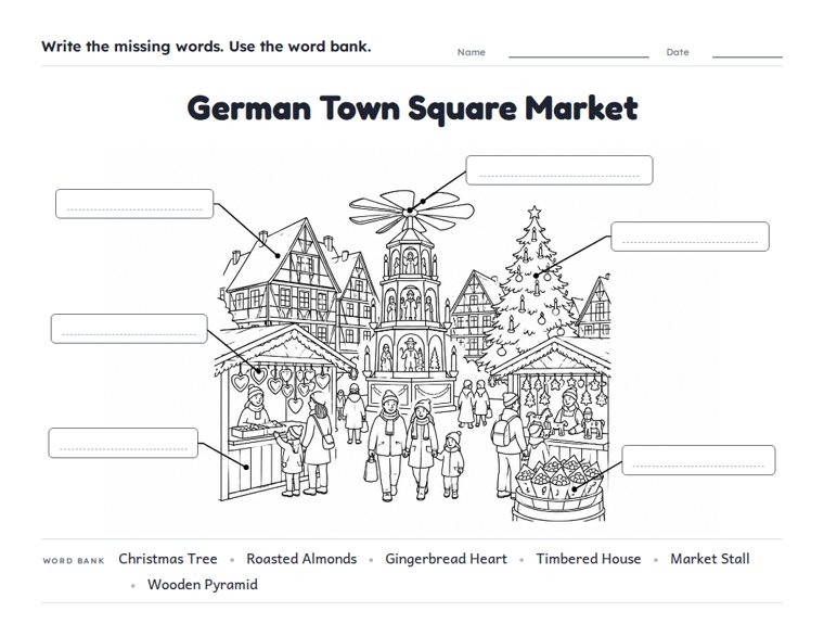 German Town Square Market worksheet (Hard, Grades 3–4)