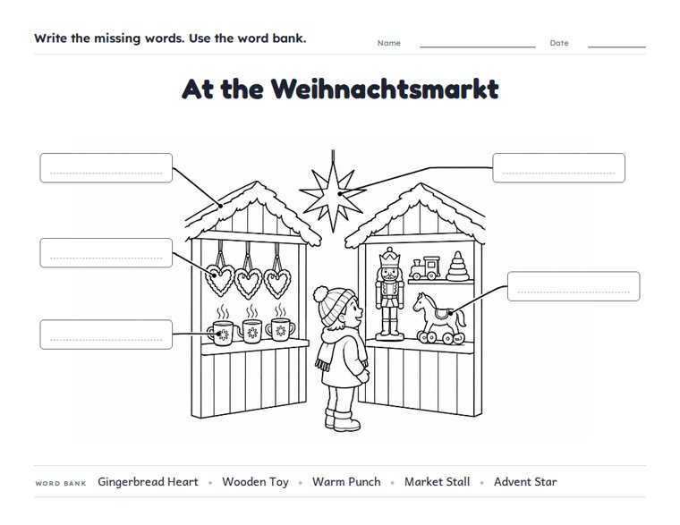 At the Weihnachtsmarkt worksheet (Medium, Grades 1–2)