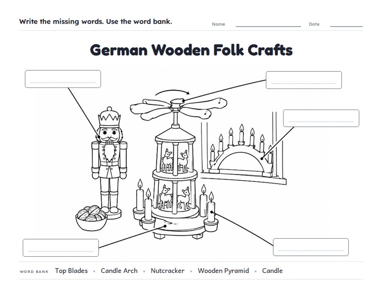 German Wooden Folk Crafts worksheet (Medium, Grades 1–2)