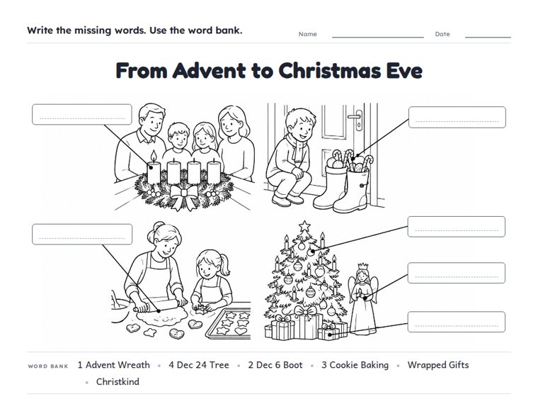 From Advent to Christmas Eve worksheet (Hard, Grades 3–4)
