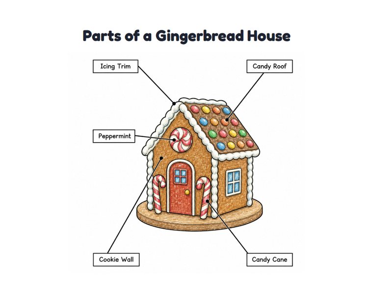 Parts of a Gingerbread House worksheet (Medium, Grades 1–2)