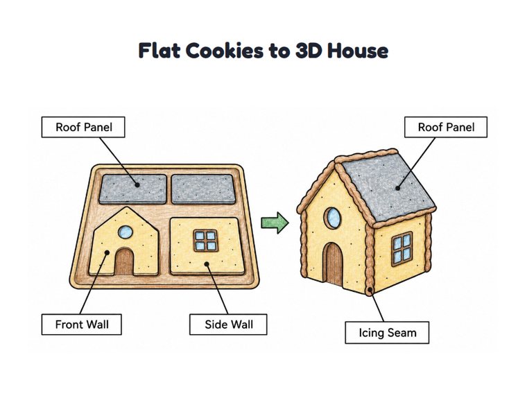 Flat Cookies to 3D House worksheet (Medium, Grades 1–2)