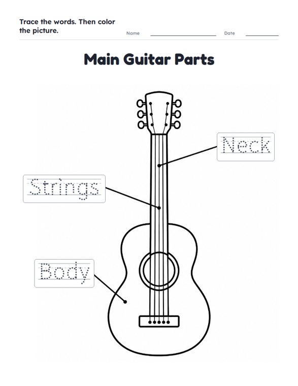 Main Guitar Parts worksheet (Easy, Pre-K–K)