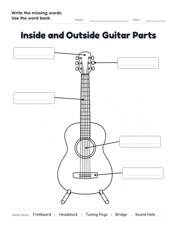 Inside and Outside Guitar Parts worksheet (Medium, Grades 1–2)