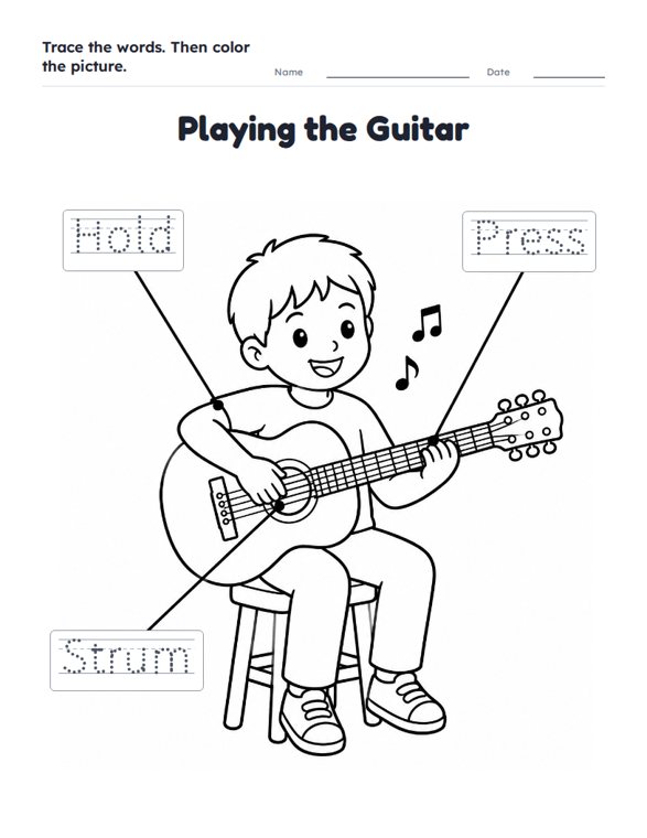 Playing the Guitar worksheet (Easy, Pre-K–K)