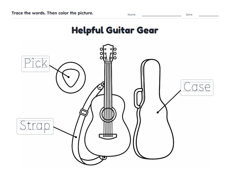Helpful Guitar Gear worksheet (Easy, Pre-K–K)