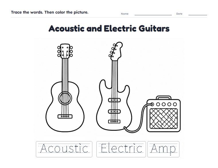 Acoustic and Electric Guitars worksheet (Easy, Pre-K–K)