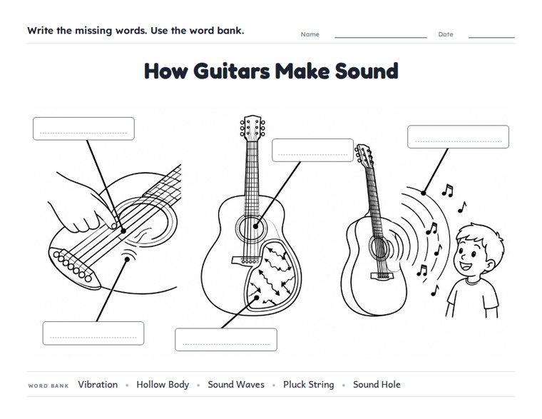 How Guitars Make Sound worksheet (Medium, Grades 1–2)