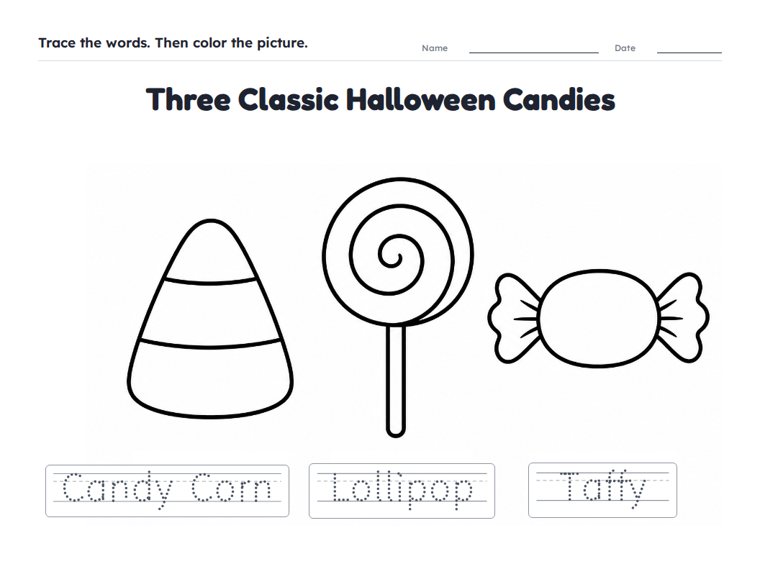 Three Classic Halloween Candies worksheet (Easy, Pre-K–K)