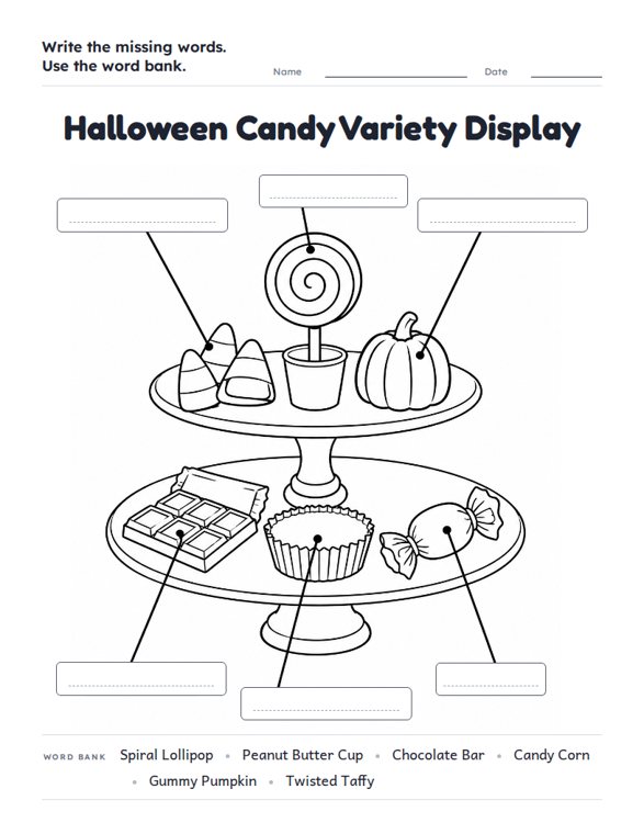 Halloween Candy Variety Display worksheet (Hard, Grades 3–4)
