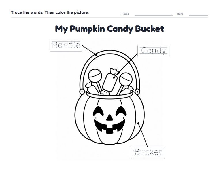 My Pumpkin Candy Bucket worksheet (Easy, Pre-K–K)
