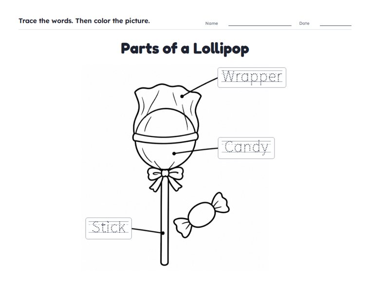 Parts of a Lollipop worksheet (Easy, Pre-K–K)