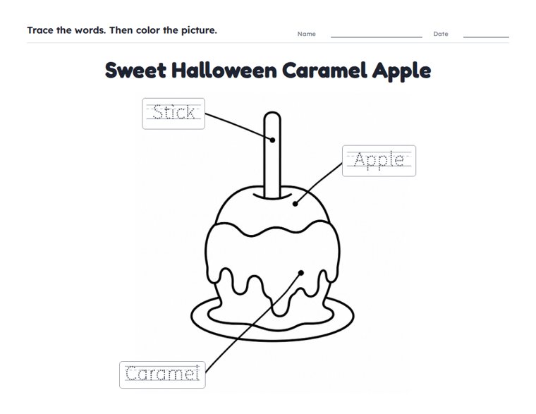 Sweet Halloween Caramel Apple worksheet (Easy, Pre-K–K)