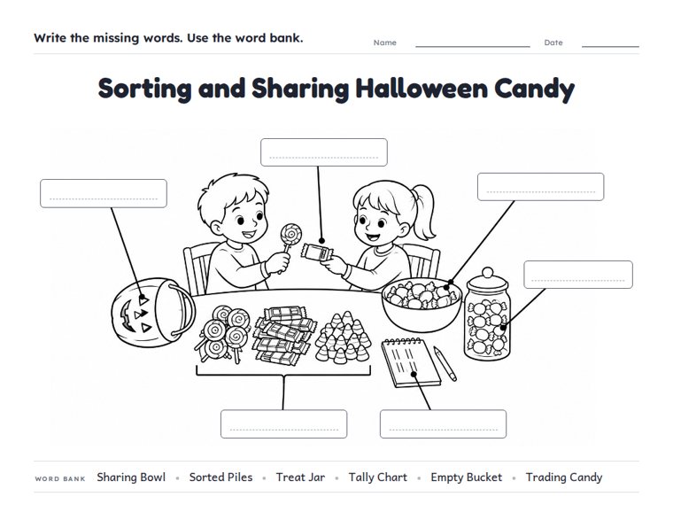 Sorting and Sharing Halloween Candy worksheet (Hard, Grades 3–4)