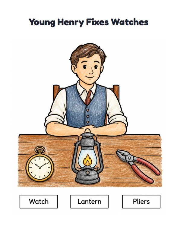 Young Henry Fixes Watches worksheet (Easy, Pre-K–K)