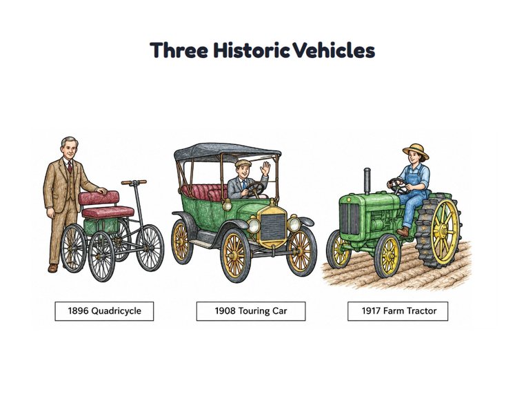 Three Historic Vehicles worksheet (Medium, Grades 1–2)