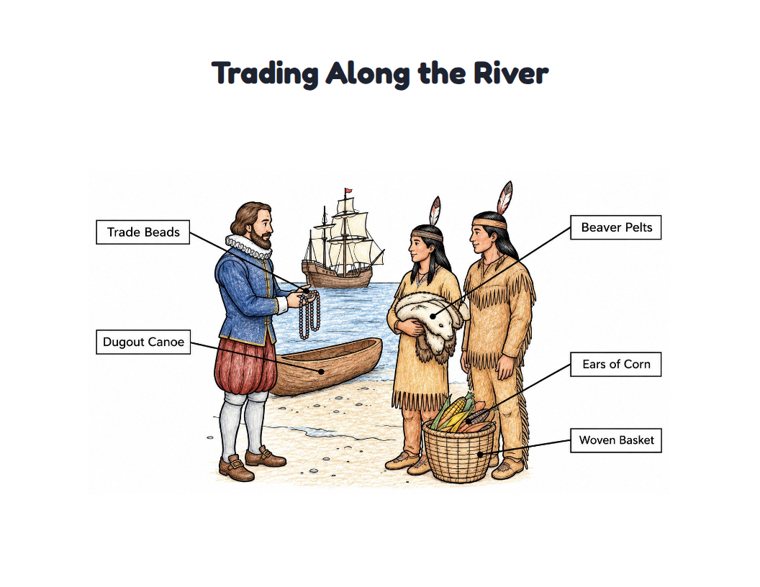 Trading Along the River worksheet (Medium, Grades 1–2)