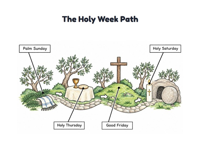 The Holy Week Path worksheet (Medium, Grades 1–2)