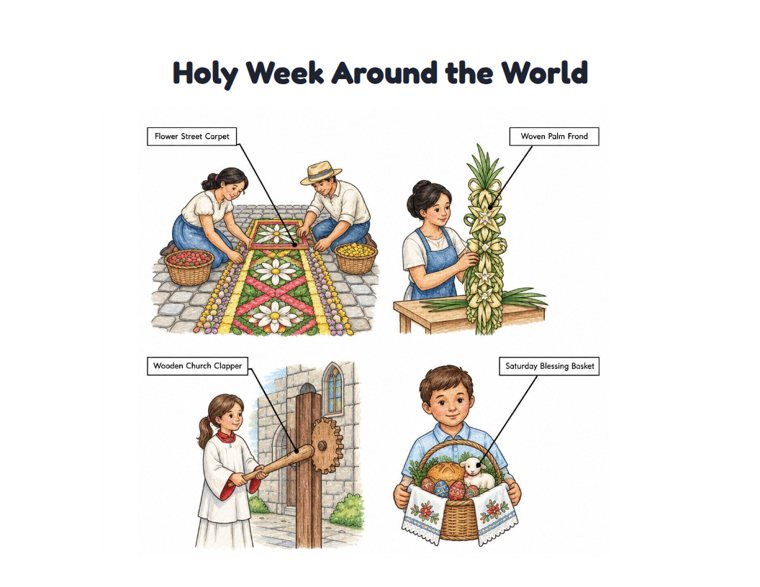 Holy Week Around the World worksheet (Hard, Grades 3–4)