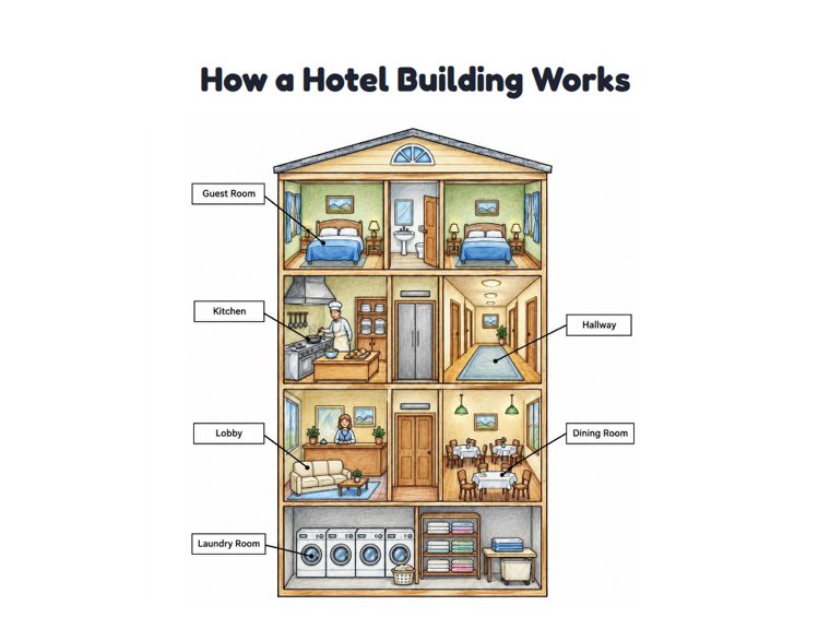 How a Hotel Building Works worksheet (Hard, Grades 3–4)