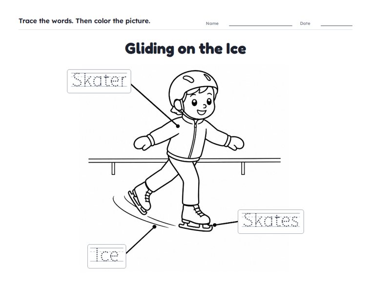 Gliding on the Ice worksheet (Easy, Pre-K–K)