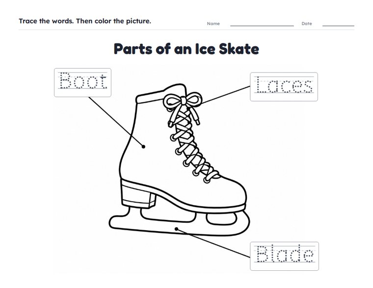 Parts of an Ice Skate worksheet (Easy, Pre-K–K)