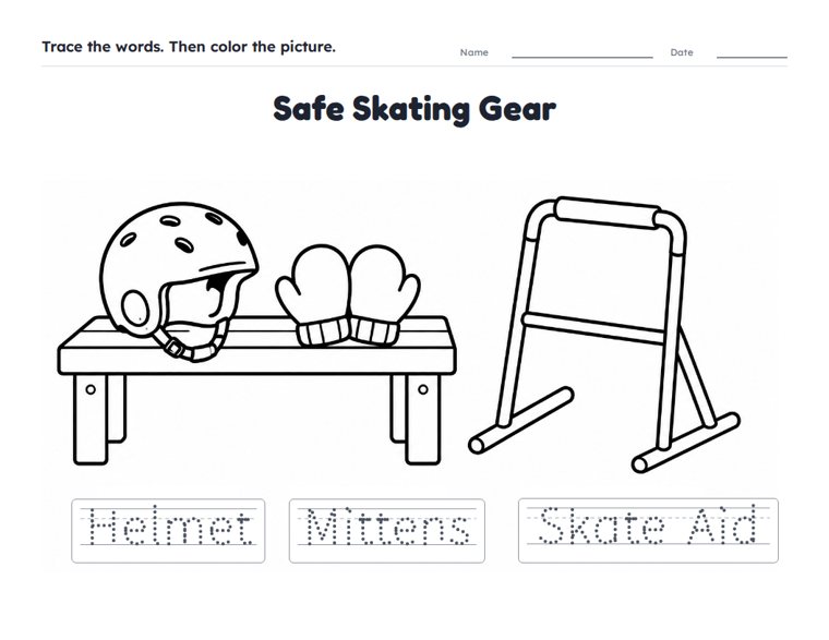 Safe Skating Gear worksheet (Easy, Pre-K–K)