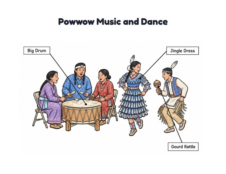 Powwow Music and Dance worksheet (Medium, Grades 1–2)