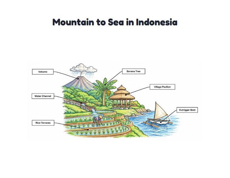 Mountain to Sea in Indonesia worksheet (Hard, Grades 3–4)