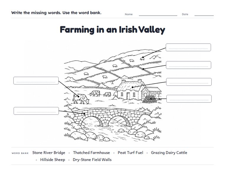 Farming in an Irish Valley worksheet (Hard, Grades 3–4)