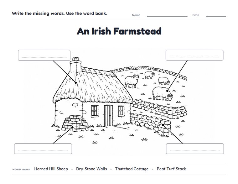 An Irish Farmstead worksheet (Medium, Grades 1–2)