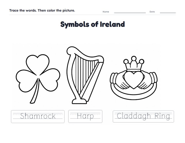 Symbols of Ireland worksheet (Easy, Pre-K–K)