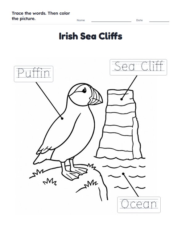 Irish Sea Cliffs worksheet (Easy, Pre-K–K)