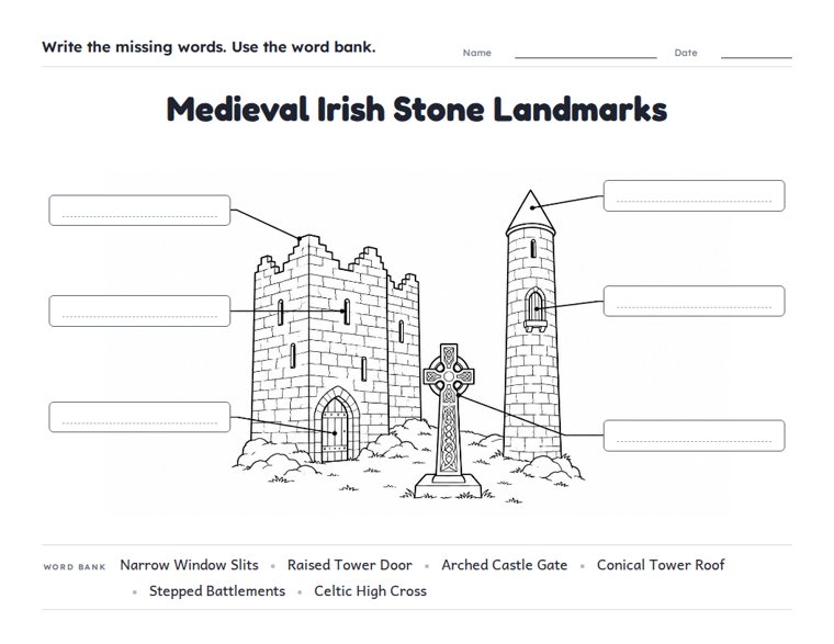 Medieval Irish Stone Landmarks worksheet (Hard, Grades 3–4)