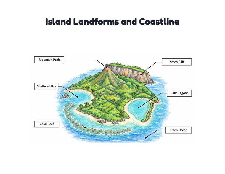 Island Landforms and Coastline worksheet (Hard, Grades 3–4)