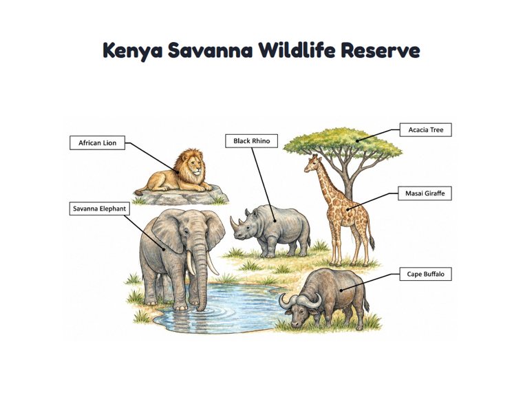 Kenya Savanna Wildlife Reserve worksheet (Hard, Grades 3–4)