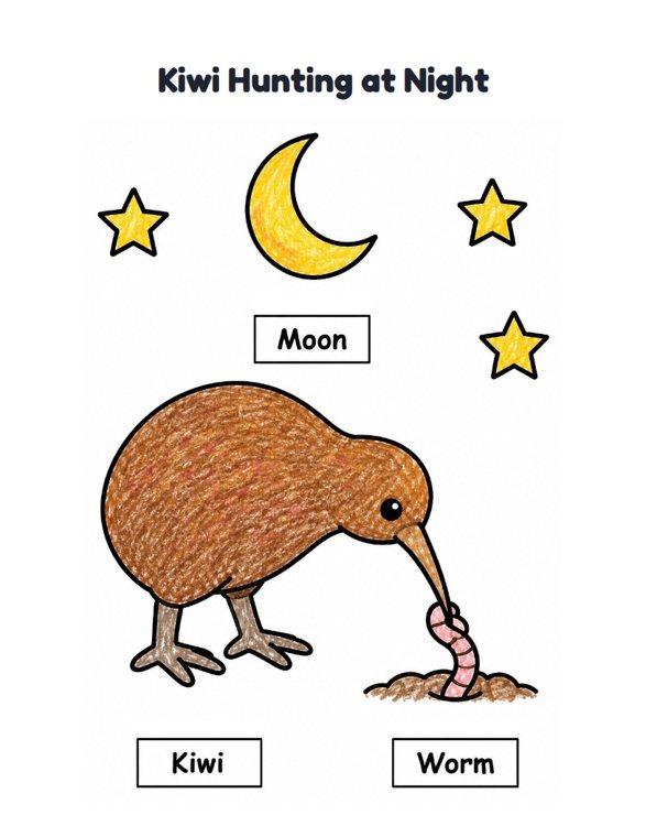 Kiwi Hunting at Night worksheet (Easy, Pre-K–K)